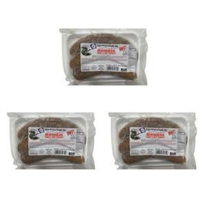 Cajun Original Hot Pork Boudin (Pack of 3) - Shipping Included, three vacuum-sealed packages of spicy pork boudin sausage in clear packaging.