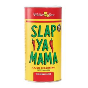 Slap Ya Mama Original Blend Cajun Seasoning 16oz, a yellow and red container of spicy Cajun seasoning with bold green and blue text