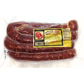 Double D Hot Smoked Sausage 3lb, packaged smoked sausages in clear plastic wrapping with label describing product details.
