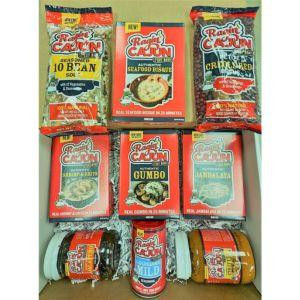Ragin' Cajun 'SUPER SAMPLER' Gift Set, assorted seafood seasoning and dry rub packages and jars arranged in a box.