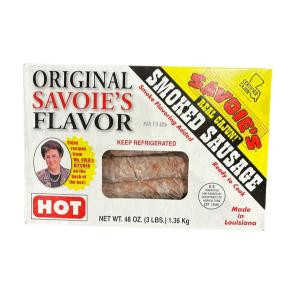Savoie's Hot Sausage 3lb Box, packaged sausage with a visible window showing the sausage inside, featuring bold text and label details on the packaging.