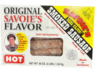 Savoie's Hot Sausage 3lb Box, packaged smoked sausage with a clear window showing the sausages inside.