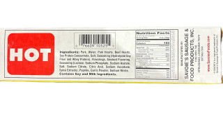 Savoie's Hot Sausage 3lb Box, product packaging with ingredients and nutrition facts label.