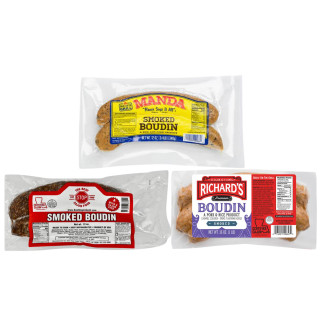 Smoked Boudin Sampler Kit, assortment of three different packaged smoked boudin sausages from various brands.