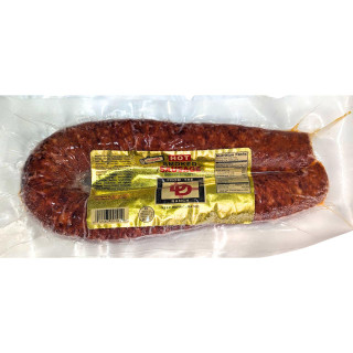 Double D Hot Smoked Sausage 1lb, packaged smoked sausage in vacuum-sealed plastic package with label.