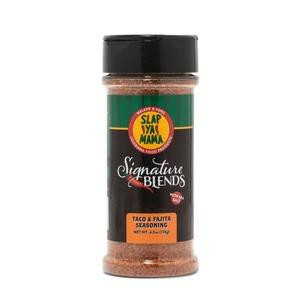 Slap Ya Mama Signature Blend Taco & Fajita Seasoning 4.5oz, a clear plastic bottle with a black lid containing a red spice blend for tacos and fajitas.