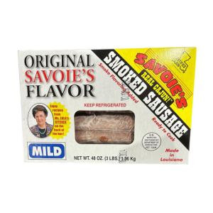 Savoie's Mild Sausage 3lb Box, front view of the packaging with branding and product information.