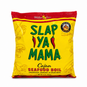 Slap Ya Mama Cajun Seafood Boil 4lb, bright yellow and red spice packet with bold green and red text for seafood boil seasoning.