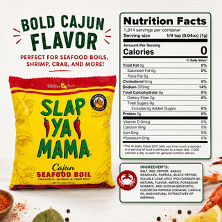 Slap Ya Mama Cajun Seafood Boil 4lb, packet of Cajun seafood boil seasoning with yellow packaging, green and red text, and chili pepper illustrations.