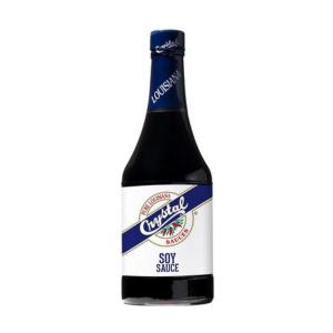 Crystal Asian Soy Sauce 12oz, bottle with dark liquid soy sauce inside and a white label with blue and green accents.