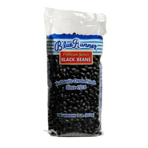 Blue Runner Dry Black Beans 1lb, image of a bag of dried black beans in clear packaging with Blue Runner branding and a red label indicating premium select black beans.