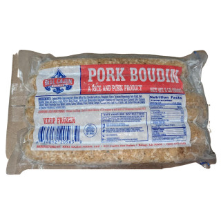 Reel Cajun Pork Boudin 2lb, packaged rice and pork product in clear plastic wrapping with red, blue, and white label.