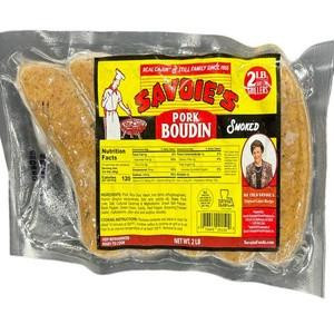 Savoie's Smoked Boudin 2lb, vacuum-sealed packaged smoked pork boudin sausage with yellow and red label.