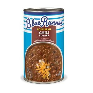 Blue Runner Four Bean Chili Starter 27oz, can of chili starter with a label and an image of chili with beans on the front.