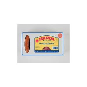 Manda Fine Meats Manda Hot Sausage 3lb Loops, packaged smoked sausage in a white box with a label featuring the product name and image of sausage