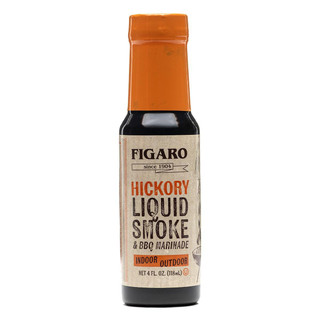 Figaro Louisiana's Hickory Liquid Smoke & BBQ Marinade 4oz, close-up of the bottle with a beige label and orange cap, showcasing its authentic smoky flavor for grilling and barbecuing.