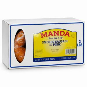 Manda Mild Smoked Sausage 3lb Loops, white packaging box with a clear side showing smoked sausage loops inside and a yellow label with red and black text.