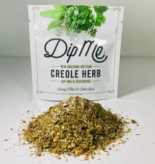 Dip Me Dip Mix & Seasoning Blend 1.5oz, package of Creole Herb dip mix and seasoning with a pile of herbal seasoning mixture in front of it.