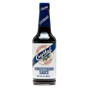 Crystal Worcestershire Sauce 10oz, bottle of savory dark sauce with a blue and white label showing the brand and product name.
