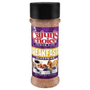 Cajun's Choice Breakfast Blend Seasoning 3.5 oz, spice jar with purple label and black lid showcasing seasoning for breakfast dishes.
