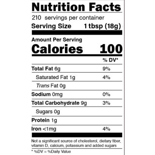 Ragin Cajun Roux 1 Gallon - Food Service, nutrition facts label showing details about servings, calories, fat, sodium, carbohydrates, protein, and iron.