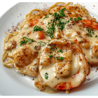 Carnival Shrimp Tasso Sauce 4lb, creamy shrimp pasta dish with shrimp, herbs, and spices on a white plate.