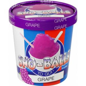 Sno-Balls To Go - Grape - 16oz Pint, a container of grape-flavored snow cone ice treat in a purple and blue cup with a purple lid.
