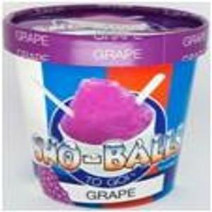 Sno-Balls To Go - Grape - 16oz Pint, image of a blue disposable cup with purple grape flavored snow cone and a white spoon inside.