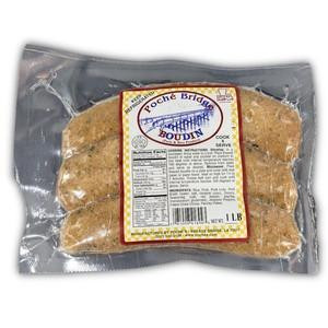 Poche's Pork Boudin 1lb, packaged raw pork boudin sausage in clear vacuum-sealed plastic packaging with product label.