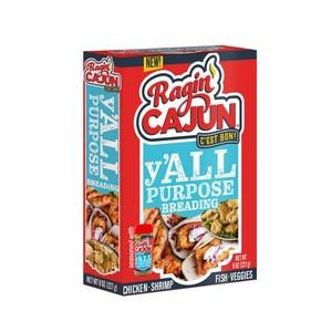Ragin' Cajun y'ALL Purpose Breading, box of Cajun seasoning and breading mix for chicken, shrimp, fish, and vegetables.