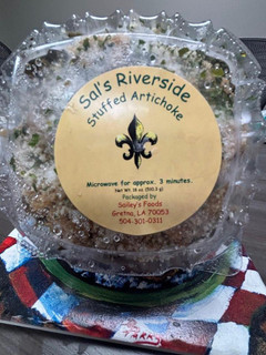 Sal's Riverside Seafood, Sal's Stuffed Artichoke, packaged seafood appetizer in a clear plastic container with a label from Sailey's Foods.