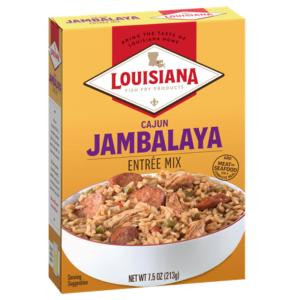 Louisiana Fish Fry Jambalaya Mix 7.5oz, product packaging with an image of cooked jambalaya in a bowl showing rice, sausage, and shrimp.