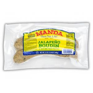 Manda Fine Meats Manda Jalapeno Boudin 12oz, packaged spicy jalapeno sausage in clear plastic wrapping.