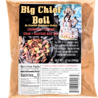 Big Chief Seafood Boil Mix 12 oz package, seasoned seafood boil mix with crawfish, shrimp, crab, and seafood, in a resealable bag.