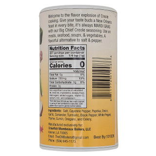 Big Chief Creole Seasoning 8 oz, a spice container featuring a label with seasoning ingredients like salt, paprika, onion, garlic, and turmeric, designed for enhancing Creole cuisine flavors.