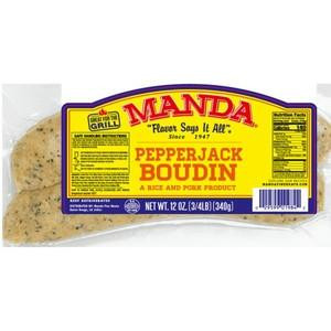 Manda Fine Meats Manda Pepperjack Boudin 12oz, packaged meat product with yellow label featuring red and black text.