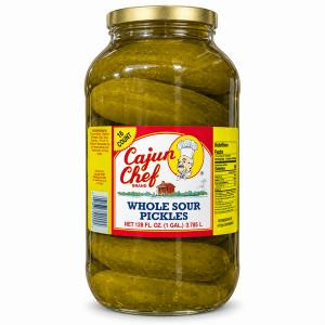 Cajun Chef Whole Sour Dill Pickles Gallon, jar filled with whole sour dill pickles in brine with a yellow and red label.