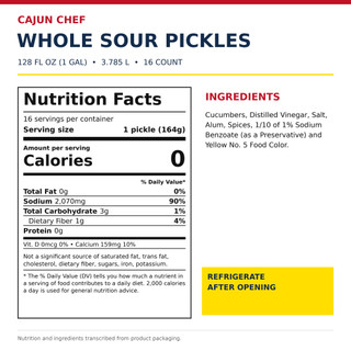 Cajun Chef Whole Sour Dill Pickles Gallon, image of the product label showing nutritional facts and ingredients.