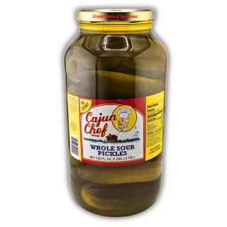Cajun Chef Whole Sour Dill Pickles Gallon, a large jar filled with whole sour dill pickles in brine, featuring a yellow lid and a red, yellow, and white label.