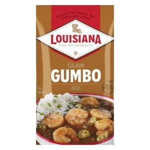 Louisiana Fish Fry Gumbo Base 10lb, image of the gumbo base packaging with a bowl of prepared gumbo featuring shrimp and vegetables.
