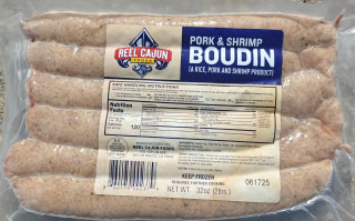 Reel Cajun Shrimp & Pork Boudin 2lb, packaged Cajun sausage with rice, pork, and shrimp in a sealed plastic bag.