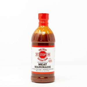 Best Stop Cajun Food Meat Marinade 16oz, bottle of savory meat marinade with red cap and label featuring brand logo and product description.
