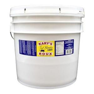 Kary's Light Roux, 32lb Pail of light-colored cooking roux in a large white plastic container with a blue label.