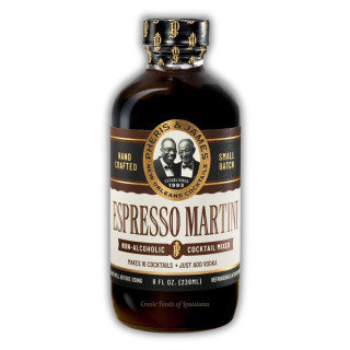 Pheris & James Espresso Martini Cocktail Mix, 8 fl oz bottle with black and gold label featuring images of two men and text highlighting handcrafted small batch non-alcoholic cocktail mix.