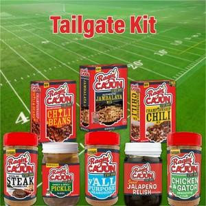 Ragin' Cajun Tailgate Kit, assortment of seasonings and dips for tailgate party on a football field.
