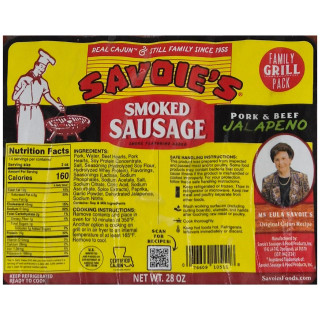 Savoie's 8 Links Pork and Jalapeno 28oz, product label featuring smoked sausage with jalapeno peppers, nutrition facts, cooking instructions, and a picture of Ms. Eula Savoie.
