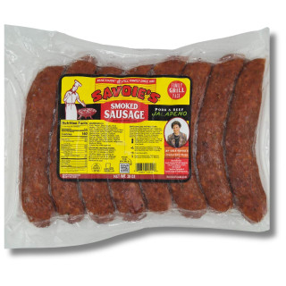 Savoie's 8 Links Pork and Jalapeno 28oz, vacuum-sealed smoked sausage with pork and jalapeno peppers.