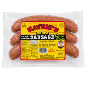 Savoie's Smoked Green Onion Sausage 16oz, packaged in a clear vacuum-sealed plastic with a yellow and red label featuring the product name, description, and nutritional information.