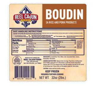 Reel Cajun Pork Boudin, 1lb package of cooked rice and pork product with ingredients and nutrition facts on the label.