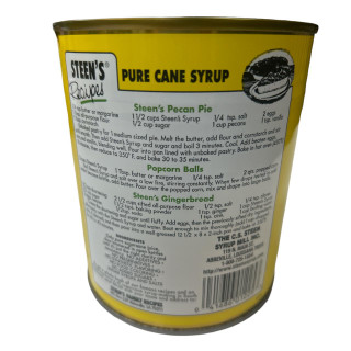 Steen's Pure Cane Syrup 25oz Can, yellow canned product with black and white label featuring recipes and ingredients.